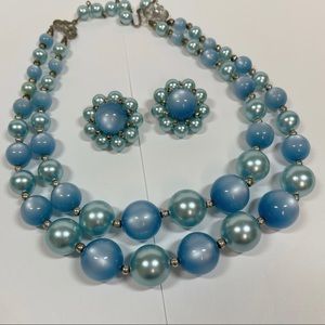 Vintage Light Blue Faux Pearl and Moonglow Bead Necklace and Earrings Set